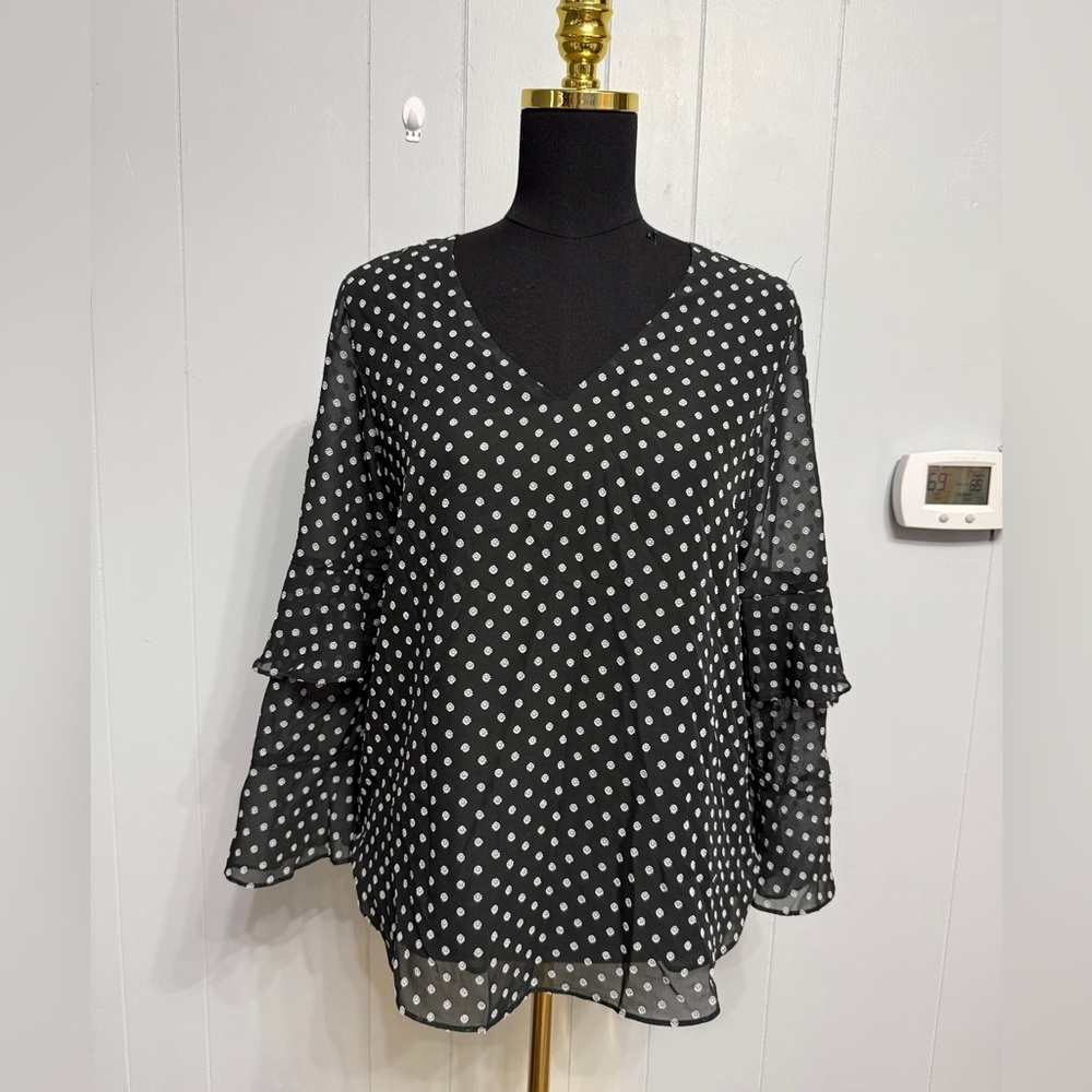 Calvin Klein Black and White Polka Dot Blouse. “Measurements posted”